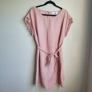 Pink LINEN Tie Front Sheath Dress with Tassel Sleeves